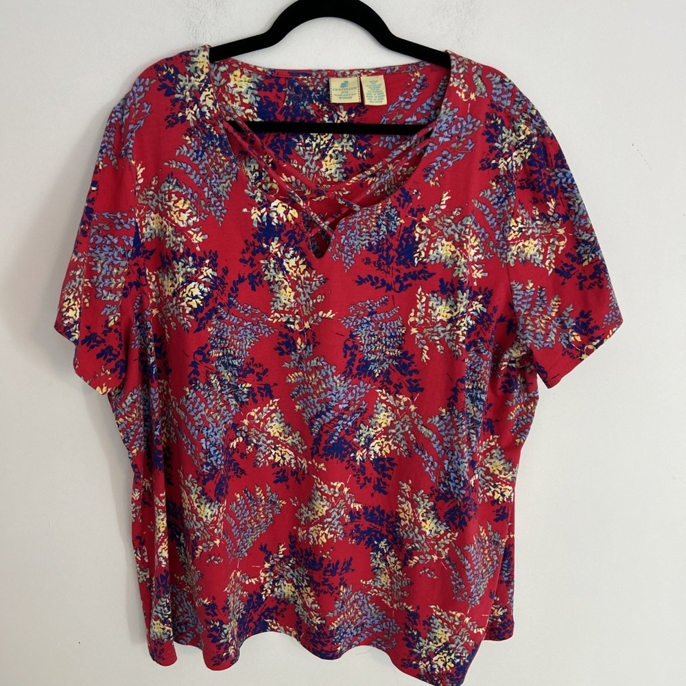 Caribbean Joe Women's 3X Multicolor Leaf Pattern Short Sleeve Soft Comfy Top